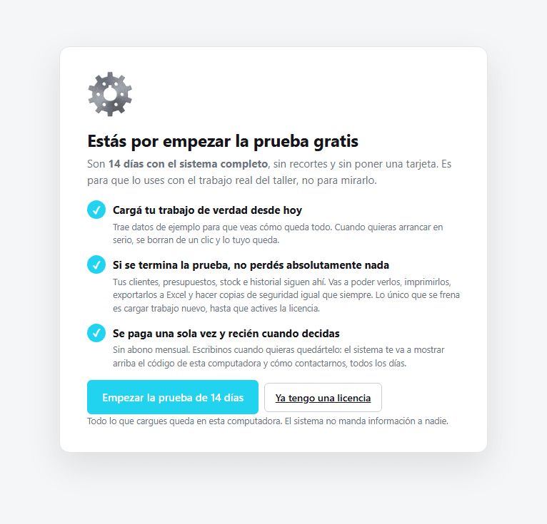 La primera pantalla de Taller a Punto: «Estás por empezar la prueba gratis», con el botón «Empezar la prueba de 14 días».