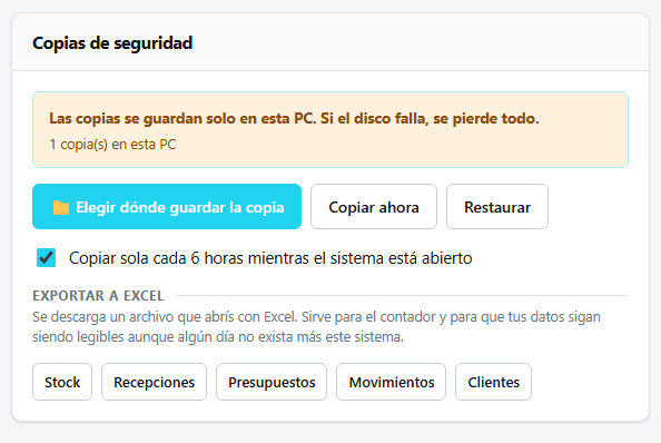La sección de copias de seguridad en Ajustes: la última copia hecha, la carpeta externa y el botón para restaurar.