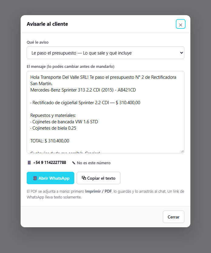 La ventana para avisarle al cliente: el mensaje del presupuesto ya escrito, el teléfono del cliente y los botones para abrir WhatsApp o copiar el texto.