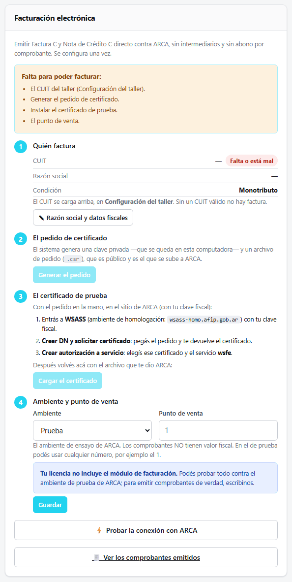 El panel de facturación electrónica en Ajustes: los cuatro pasos para configurarla, del CUIT del taller al punto de venta.